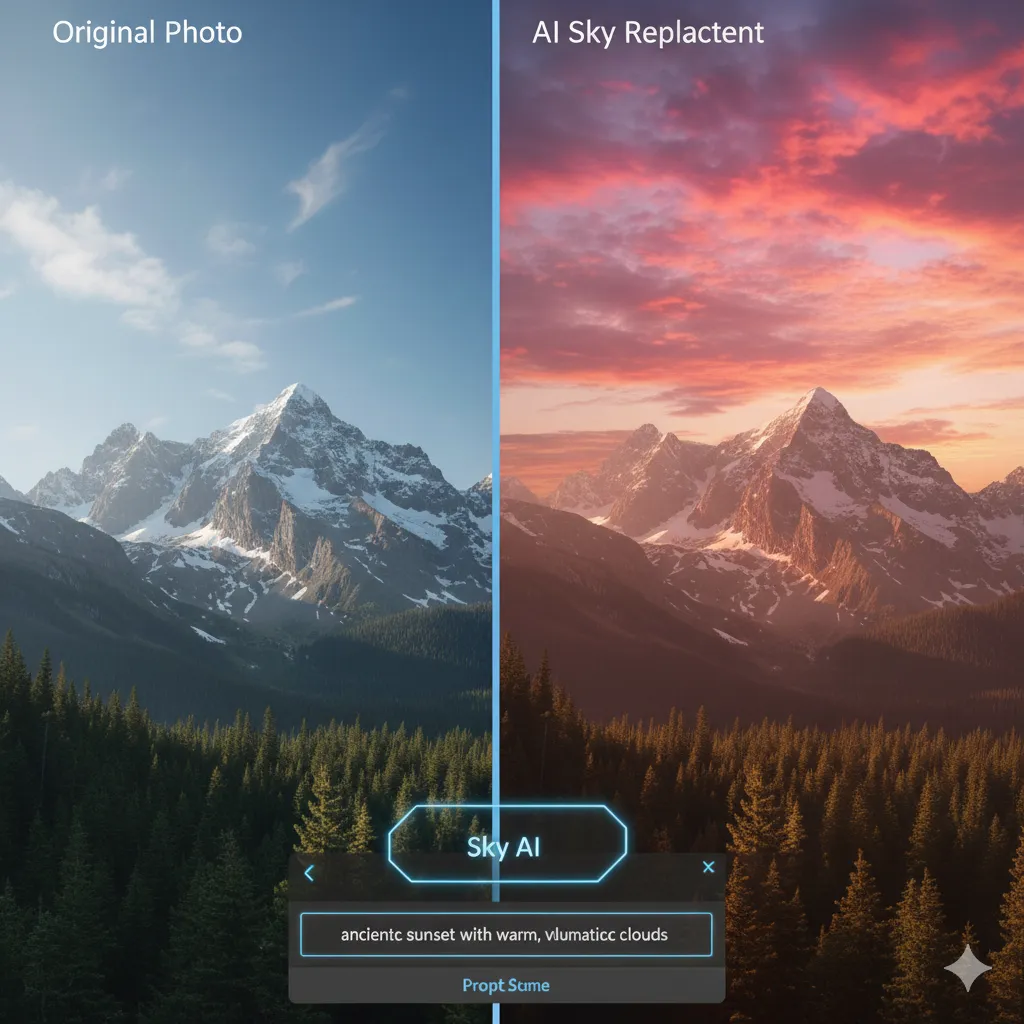 Foto de paisagem antes e depois da substituição do céu com IA.