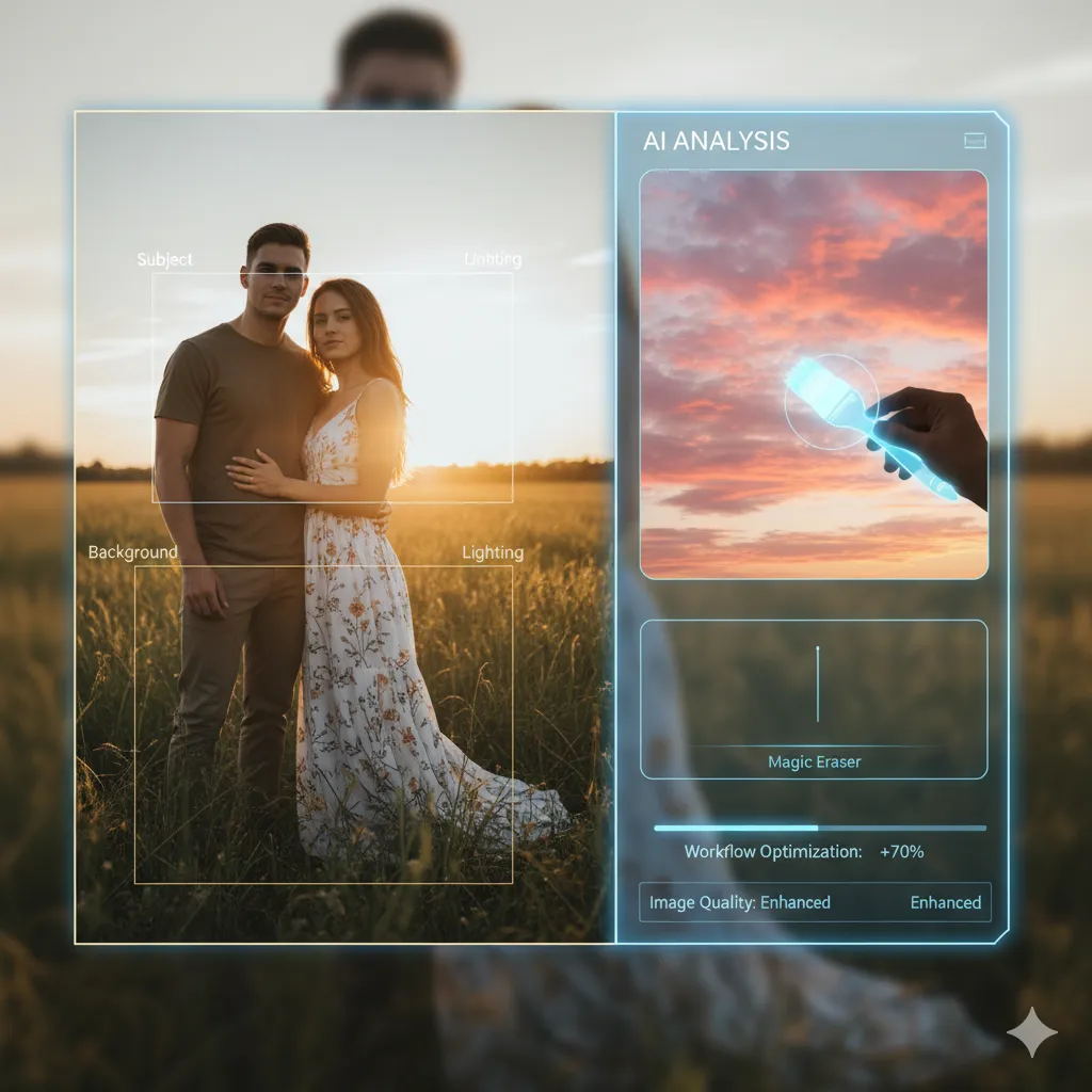Ilustração mostrando como a IA reconhece e edita elementos em uma foto.