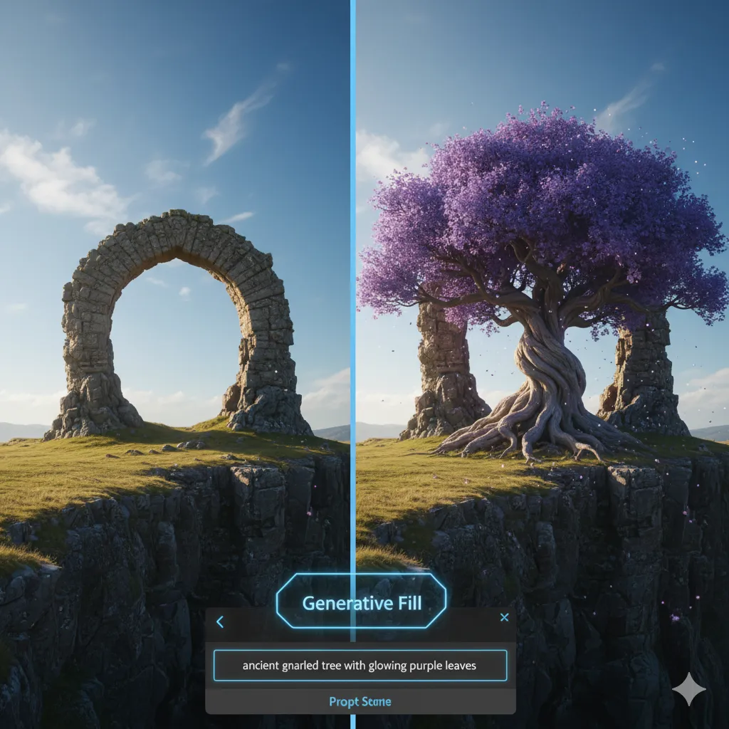 Exemplo de uso do preenchimento generativo no Adobe Photoshop.